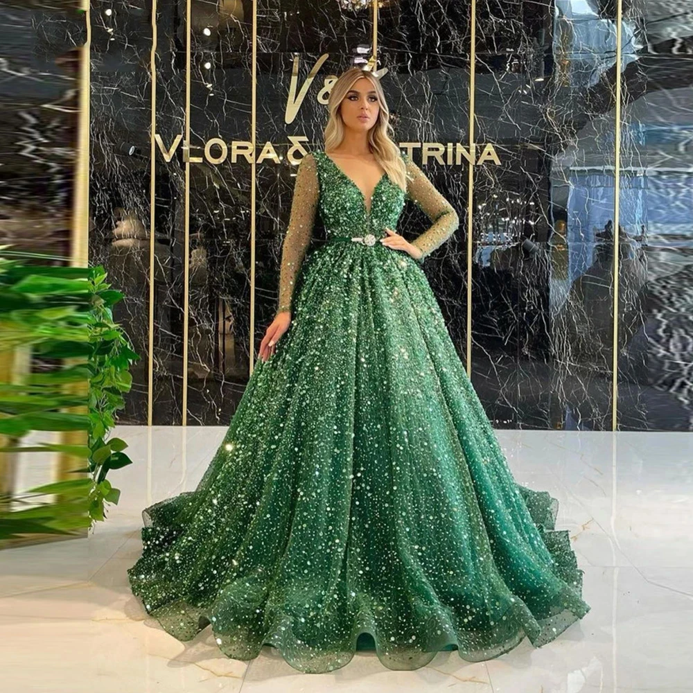 Starry Sky Green Sequins Prom Dresses Long Sleeves Deep V-Neck Princess Ball Gown Homecoming Bridal Wedding Occasion Dress 2024