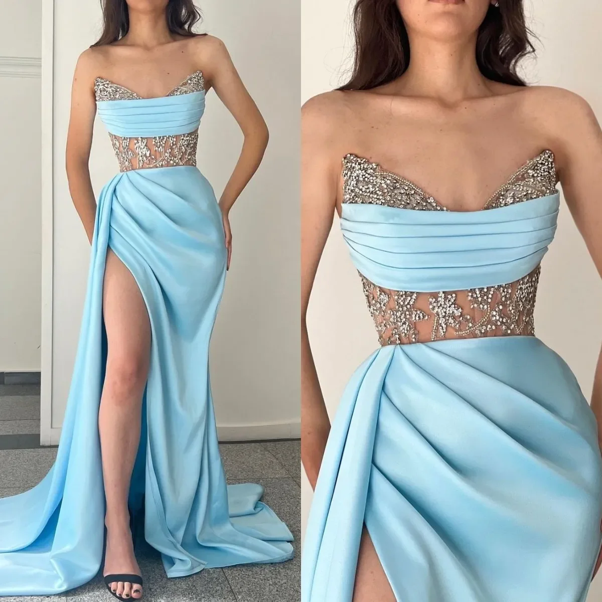 Strapless Prom Dresses Sky Blue V Neck Sequins Party Evening Dress Bone Bodice Pleats Sweep Train Dresses For Special Occasions