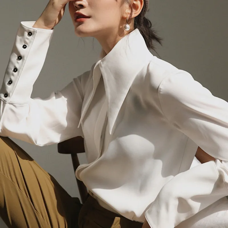 Stylish Elegant Turn Down Collar White Long Sleeve Satin Shirts Fashion Woman Vintage Blouse 2023 Office Lady Tops Blusas 16946