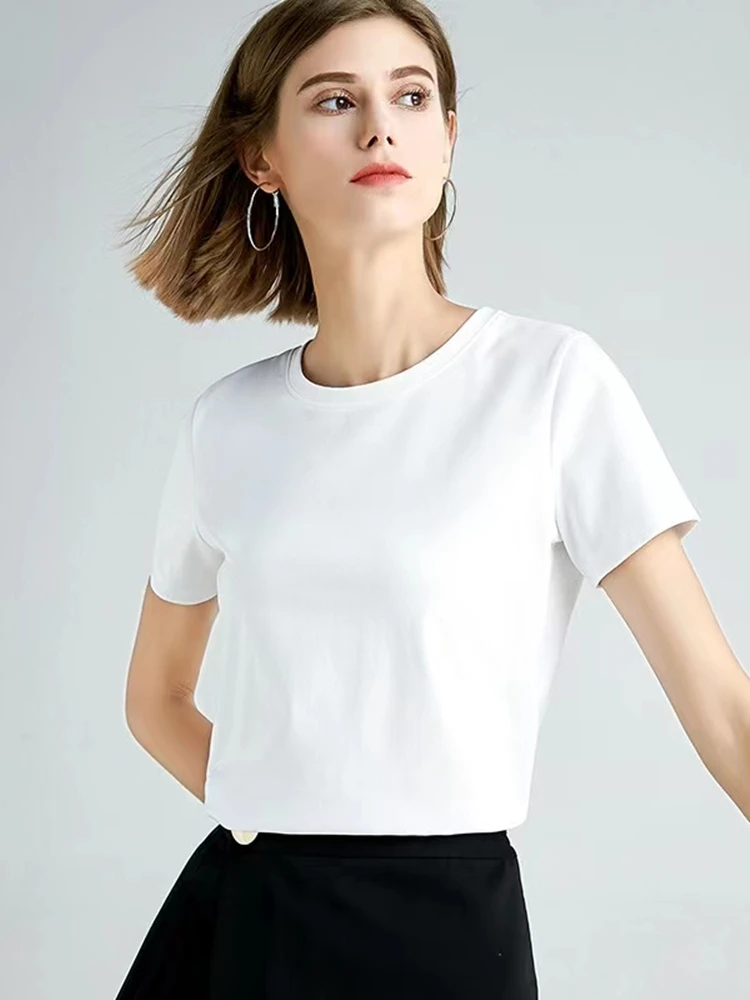 Summer 100% Mercerized Cotton Women Silk T-shirts O Neck Short Sleeve Loose Straight Tops Simple Casual Tees For Minimalist 2023