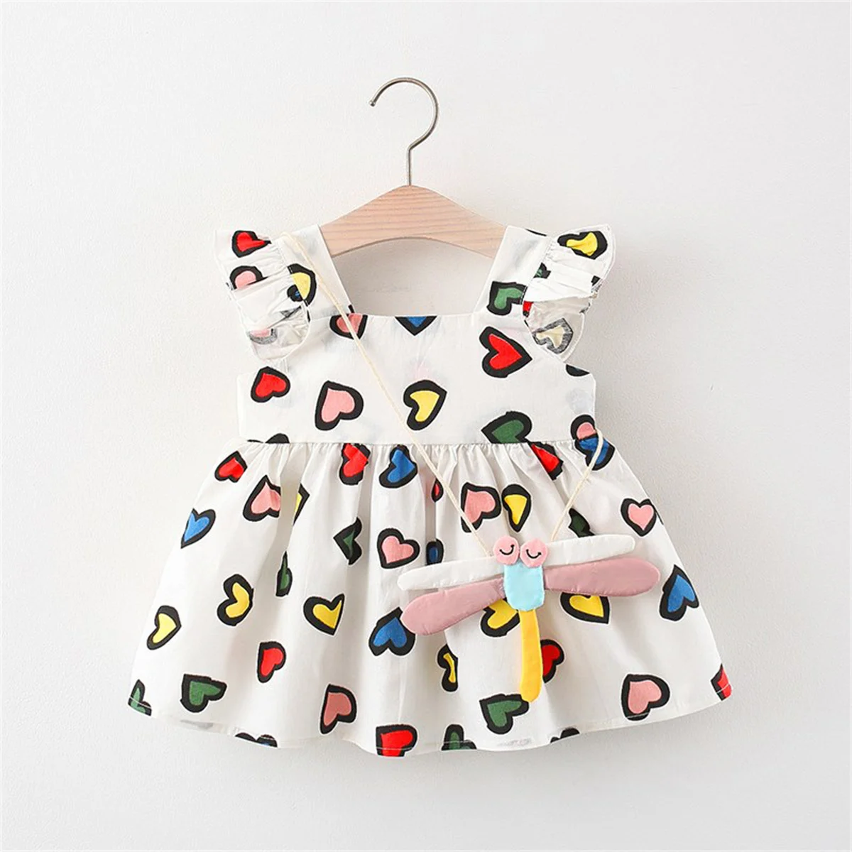 Summer 2/piece set girl’s dress pendant baby girl colored love printed small flying sleeve dress dragonfly pendant