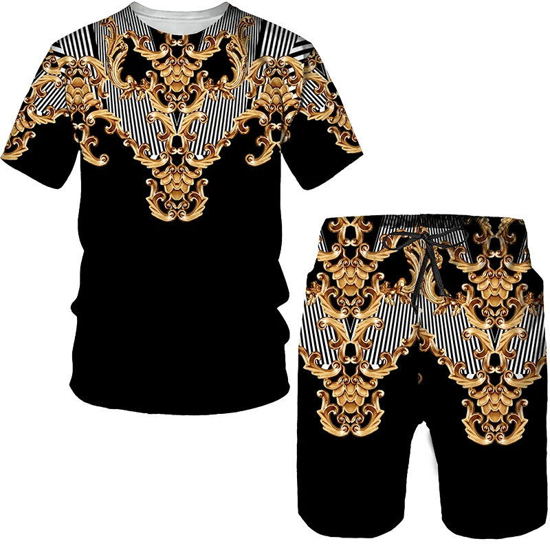 Summer 3D printed T-shirt shorts 2-piece casual men’s set pattern men’s sports set gold luxurious retro short sleeved set