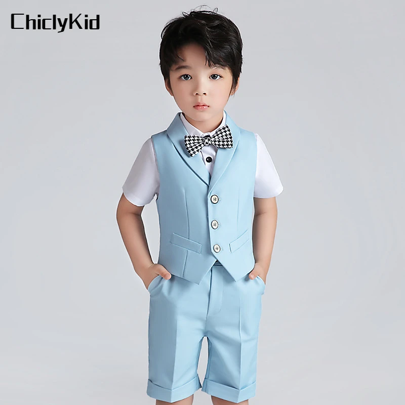 Summer Boys Solid Color Waistcoat Shirt Shorts Formal Dress Kids Vest Wedding Clothes Sets Child Uniforms Toddler Tuxedo Costume