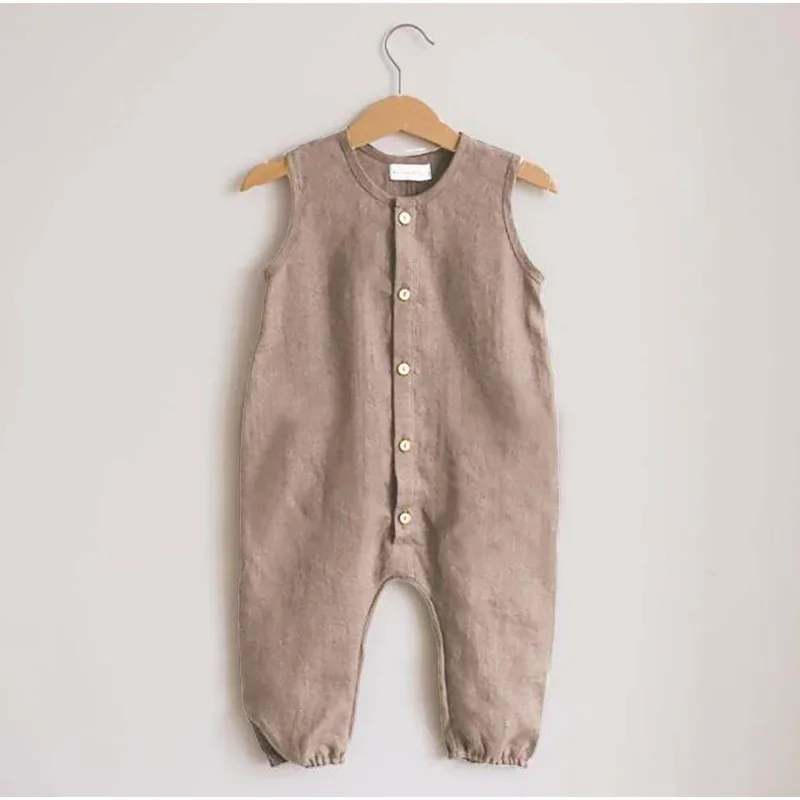 Summer Newborn Infant Baby Boys Romper Jumpsuit Solid Cotton Kids Playsuit Button Breasted Sleeveless Baby Clothes