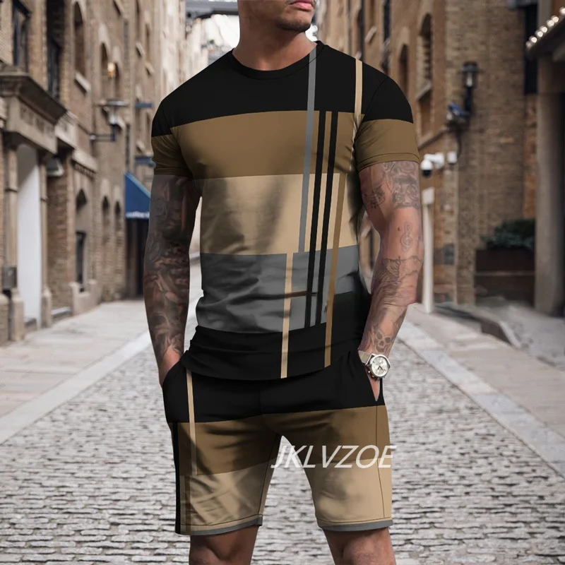 Summer T shirt Set For Men Striped 3D Print Men’s T-shirt Short Sleeve+Shorts 2-Piece Set Oversized Casual Beach Sport Man Suit