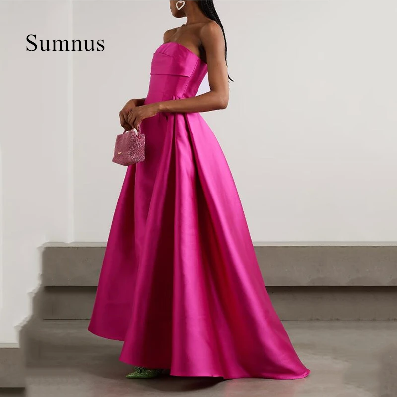 Sumnus Fuschia A-Line Evening Dresses Strapless Satin Prom Gowns Sleeveless Formal Occasion Princess Party Dress Saudi Arabia