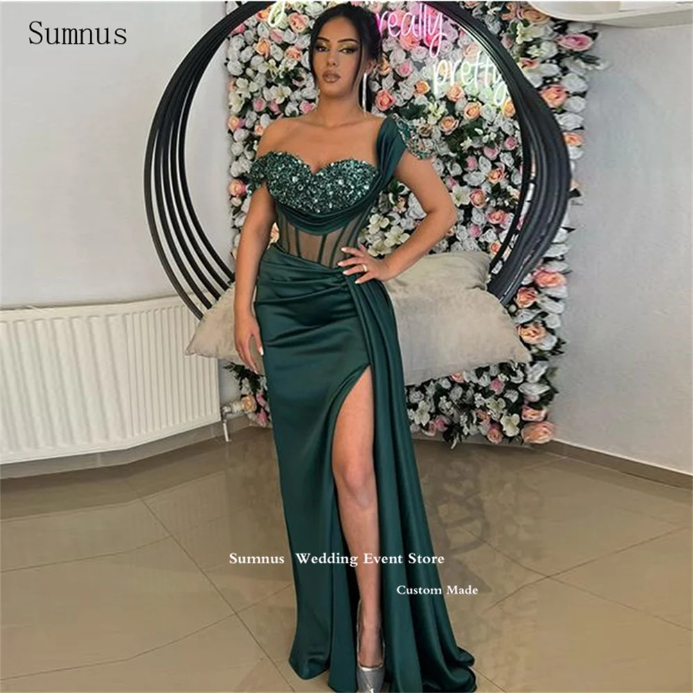 Sumnus Green Prom Dresses Sexy Mermaid High Side Slit Satin Sequined One Shoulder Formal Occasion Dresses Robes De Soirée 2023