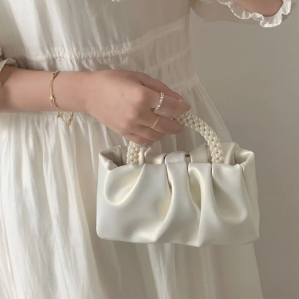 Sweet Princess Pearl Handle Handbag Women Fashion Temperament Fold Cloud Bag Elegant Pearly-lustre Crossbody Bag