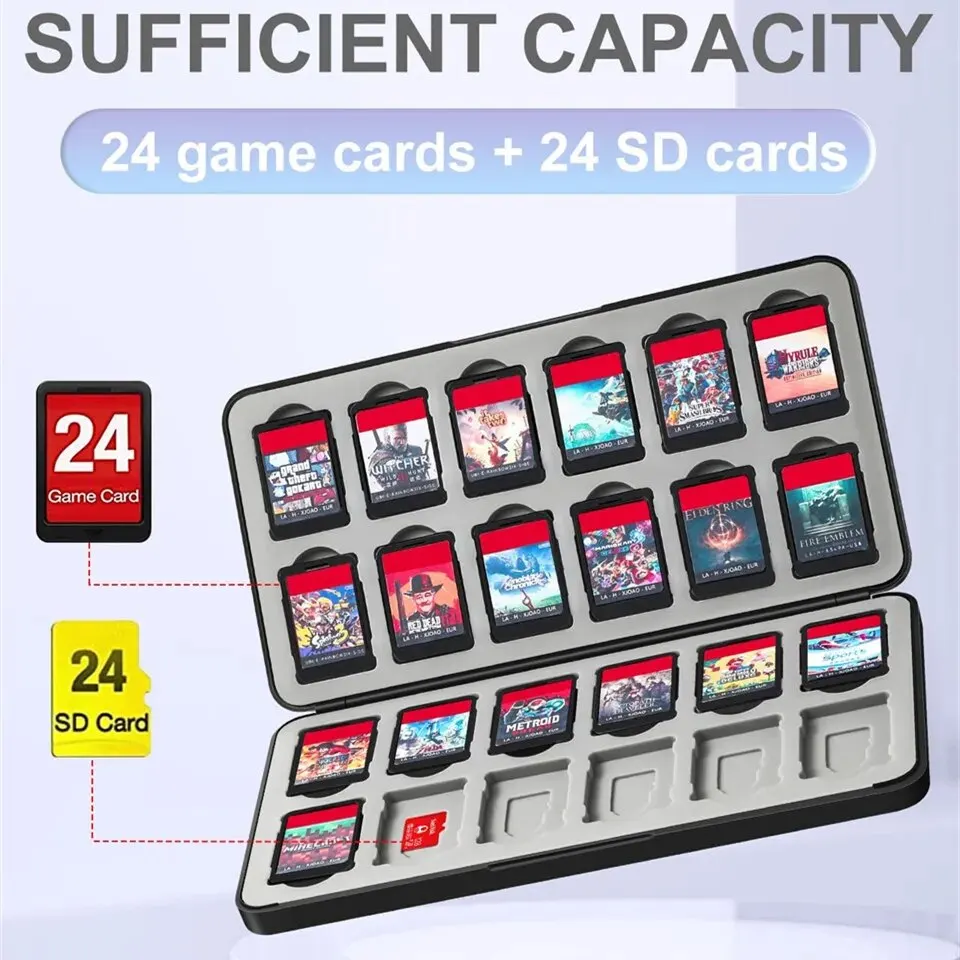 Switch Game Holder Case with 24 Cartridge Slots and 24 Micro SD Card Storage Portable Game Organizer Travel Switch Accessories