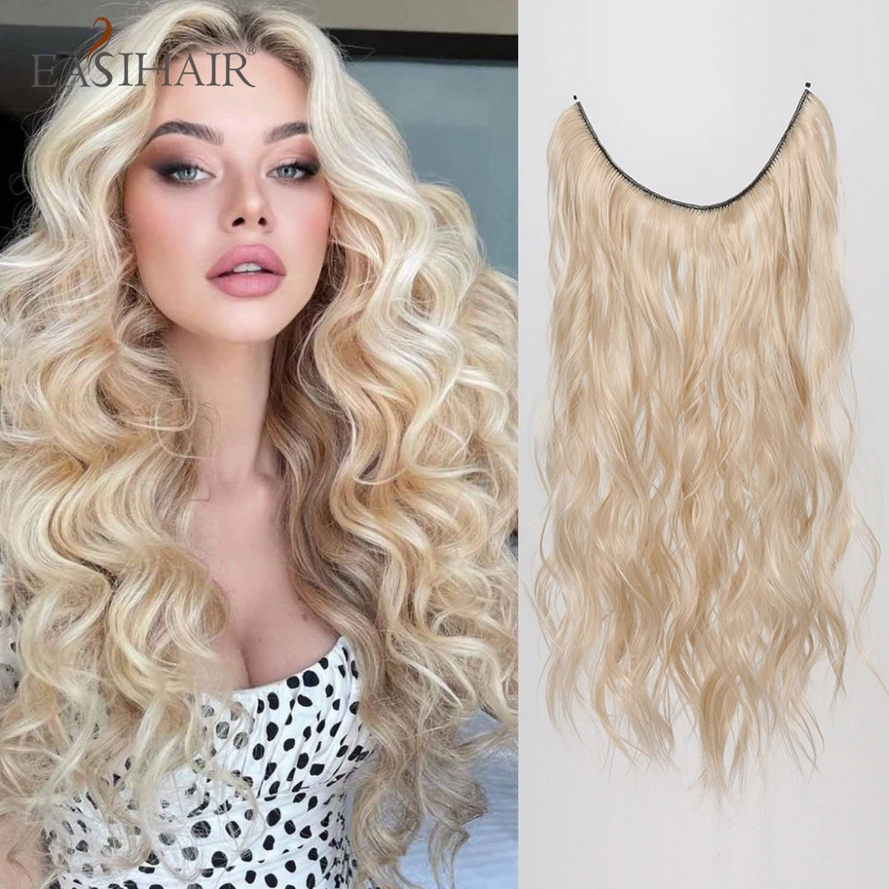 Synthetic Hair Extension Invisible Wire Hairpiece for Women Long Wavy Blonde One Piece False Hairpiece No Clips Natural Hair Wig