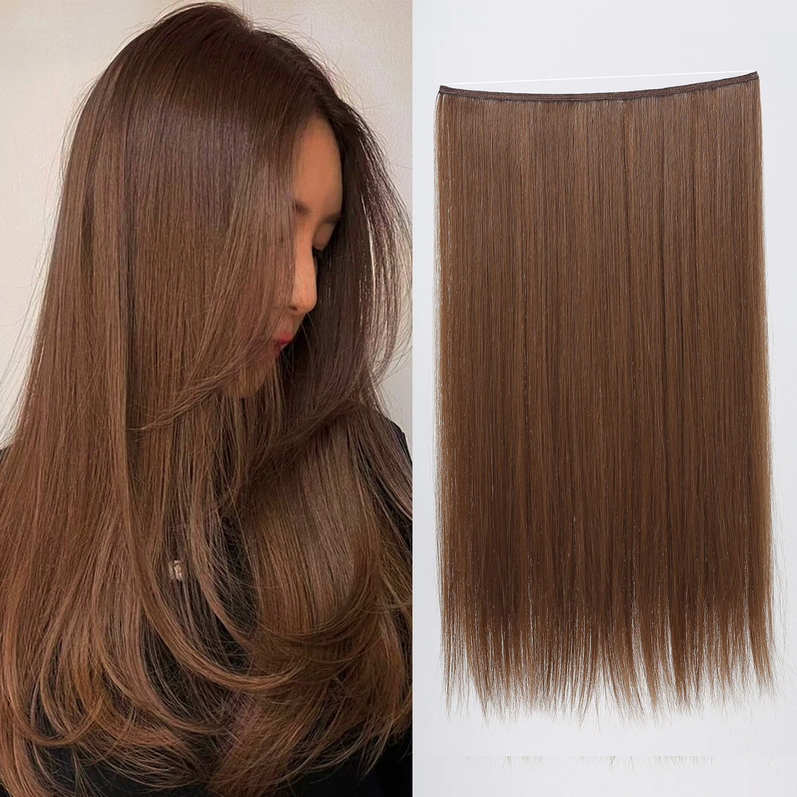 Synthetic Long Straight No Clip Hair Extension One Piece Hairpiece for Women Brown Fish Line False Hairpiece Hair Daily Use