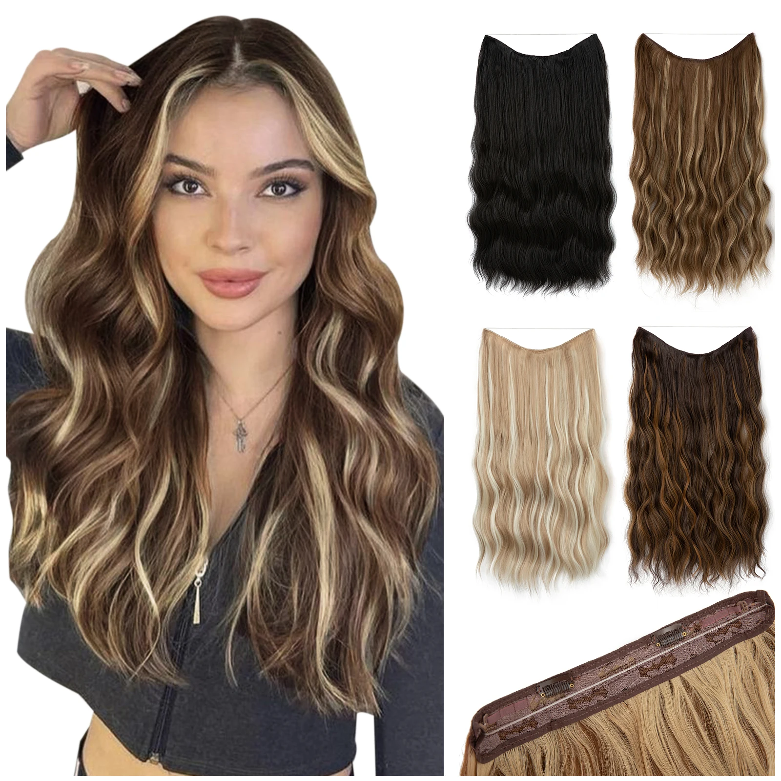 Synthetic Wave Invisible Clip in Hair Extensions Fish Line Ombre Natural Black Blonde Pink One Piece Hairpiece Fake Hair Piece