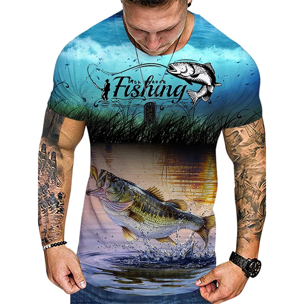 T-Shirt For Men Fishing Pattern Tee 3D Printing Short Sleeve Top Casual Round Neck Shirt Harajuku Oversized Men’s Clothing Tops