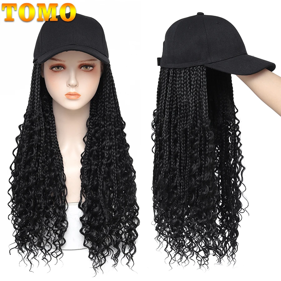 TOMO Baseball Cap with Crochet Hair Extensions for Women Adjustable Hat with Synthetic Wig Attached Curly Box Braids