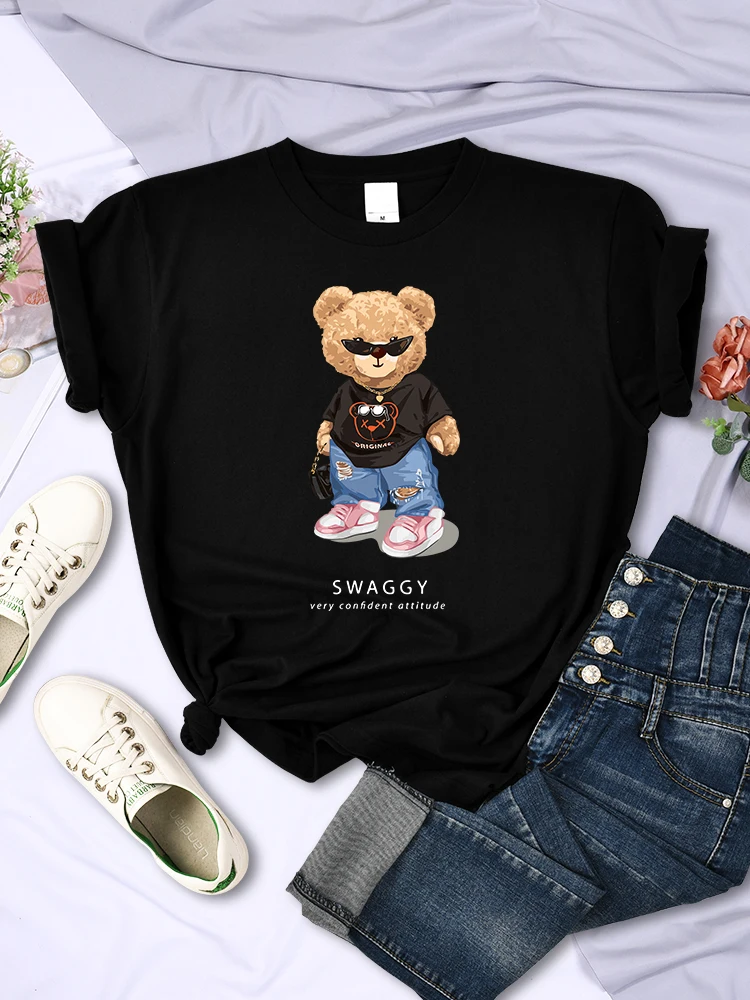 Teddy Bear Goes Out,be Confidence Be Positive Funny Printed T-Shirt Women Fashion Casual Short Sleeve Breathable Summer Tshirt