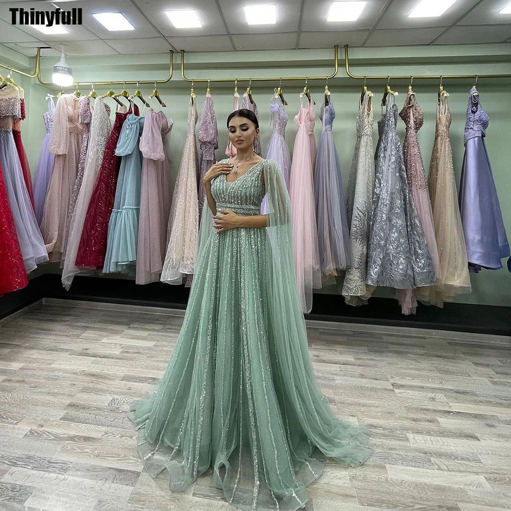 Thinyfull Arabic Sequin Tulle Prom Dresses A-line Long Cap Sleeves Evening Party Dress Formal Occasion Gown Robe De Soirée 2024