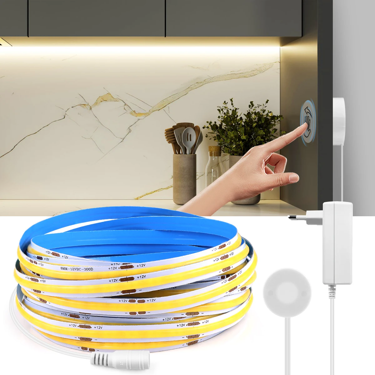 Touch Dimmer and Hand Sweep Induction Switch Flexible COB LED Strip Light 12V 320 LEDs/M LED Light Tape Bedroom Kitchen Lighting