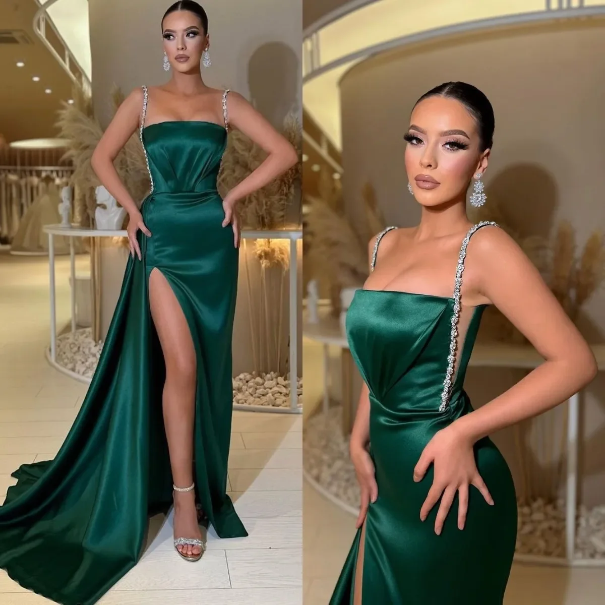 Trendy Dark Green Mermaid Prom Dresses Beads Straps Arabic Women’s Party Evening Dress Pleats Formal Long Special Occasion Gowns