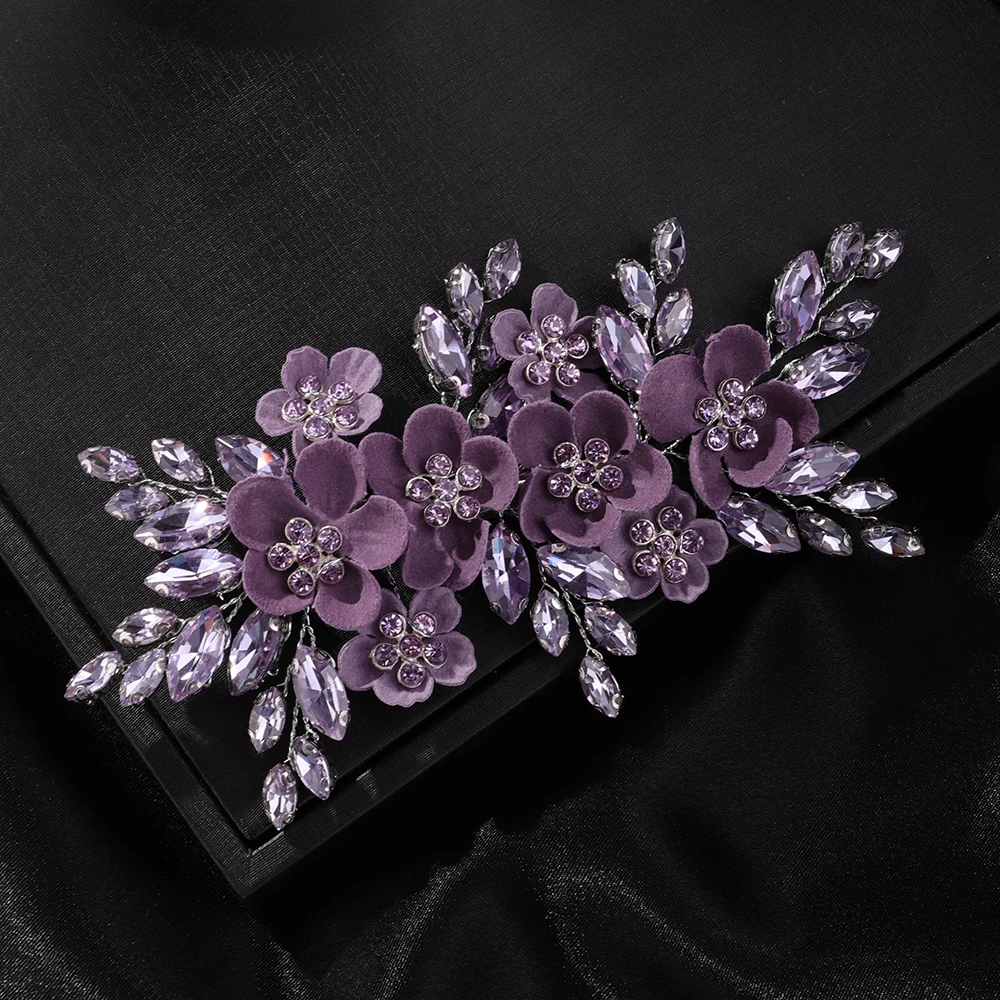 Trendy Rhinestone Flower Bridal Hair Clip Purple Wedding Hair Accessories Party Hair Ornament for Women Headdress Handmade Tiara