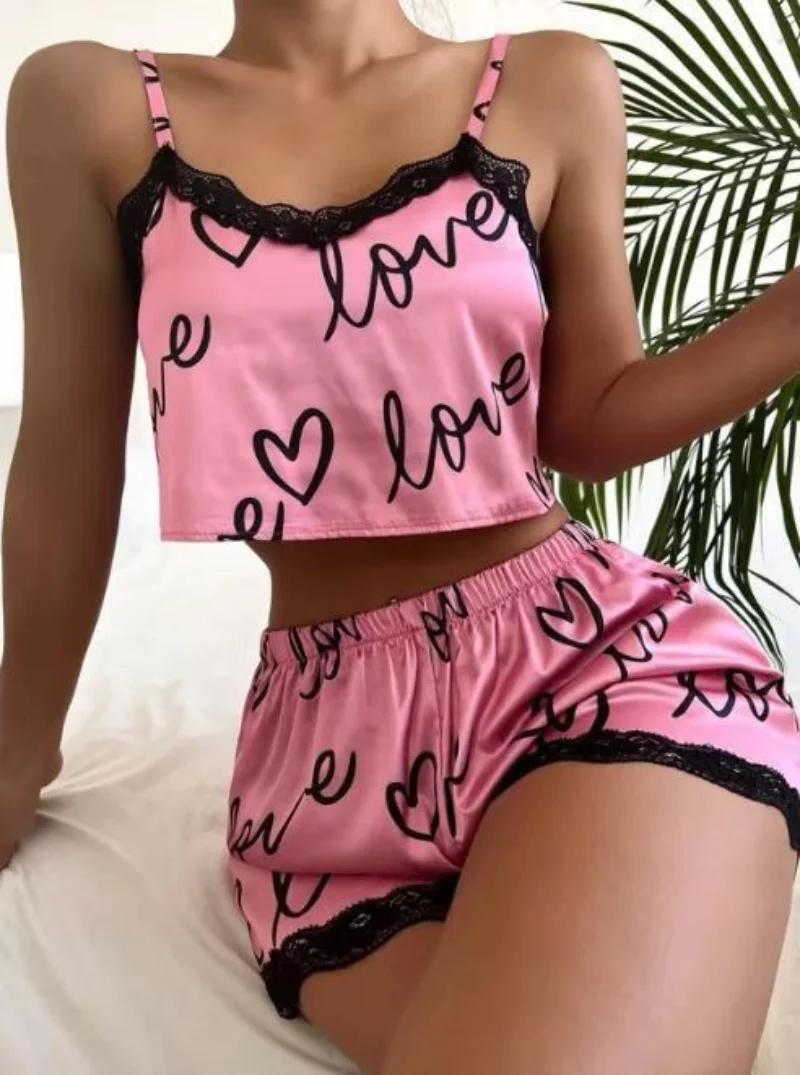 Two Pieces Set Women’S Pajama Shorts Suit Print Underwear Pijama Sexy Lingerie Camisoles Tanks Nighty Ladies Loungewear Homewear