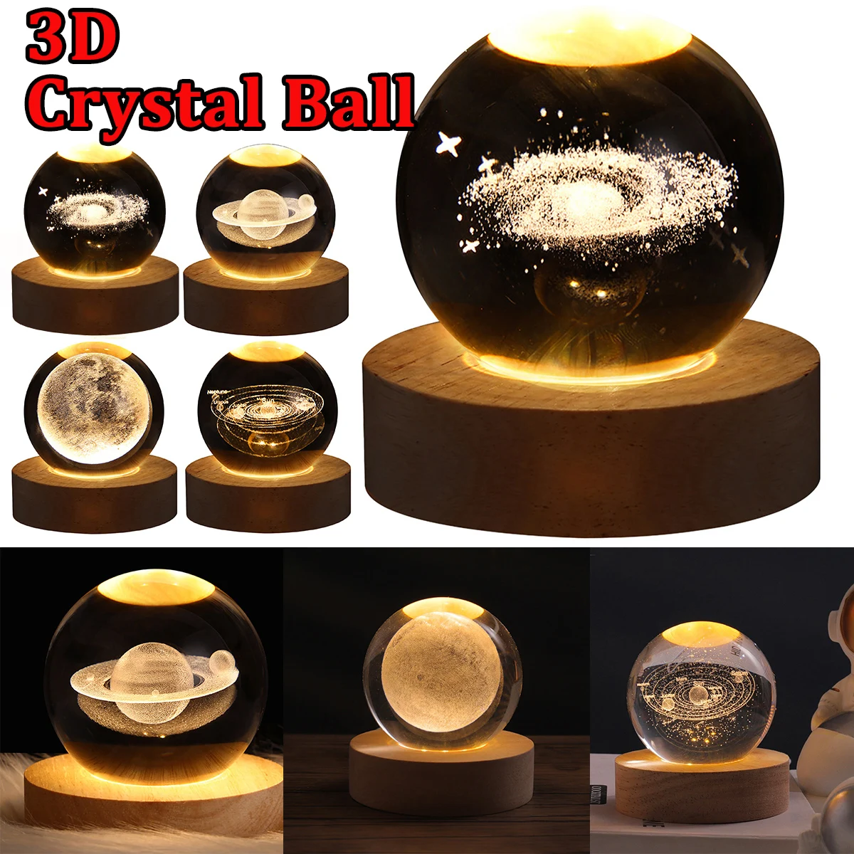 USB LED night gentle, Galaxy Crystal Ball lamp, 3D planet moon lamp, home decoration Valentines Day