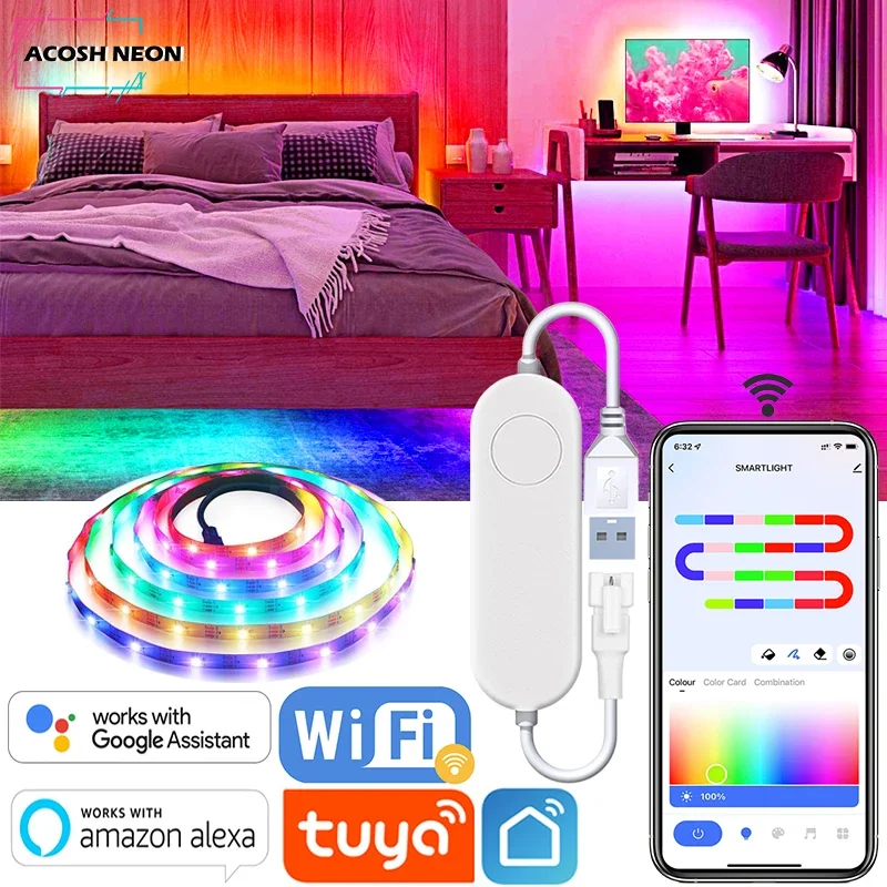 USB TUYA LED Strip Light Smart Wifi RGBIC Dreamcolor LED Strip 5V WS2812B Addressable Light Lamp Support Alexa Google For Home