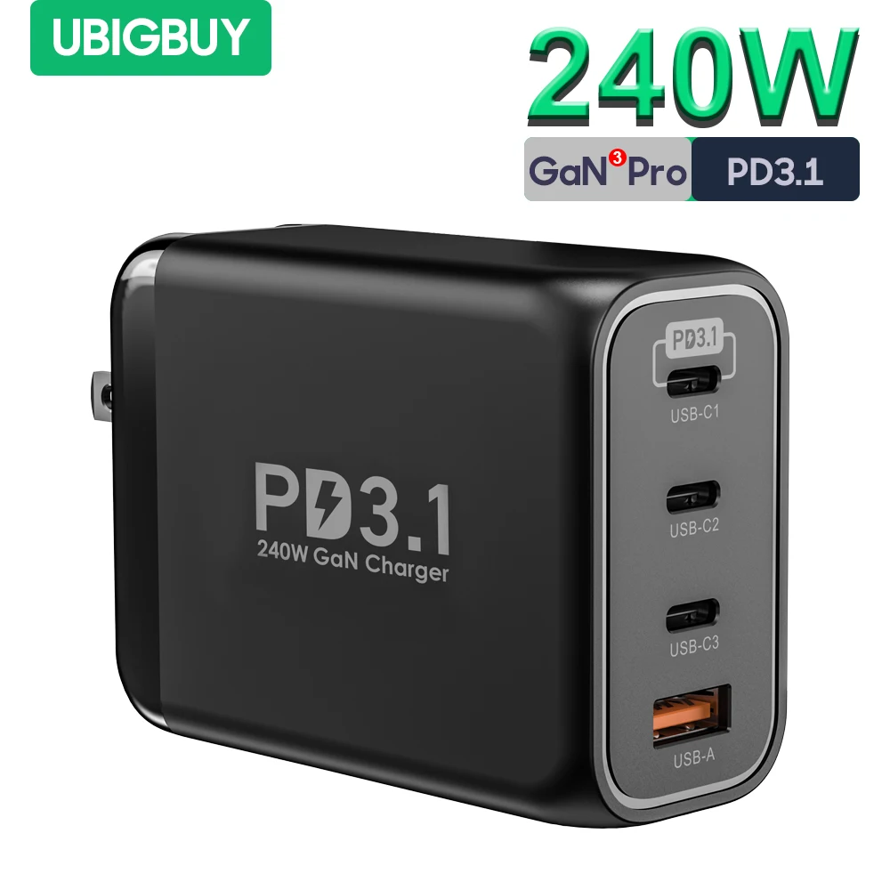 Ubigbuy 240W USB C Charger 4-Port GaN III Type C 100W 140W PD 3.1 Fast Charging Wall Adapter for iPhone 14 MacBook Samsung Phone