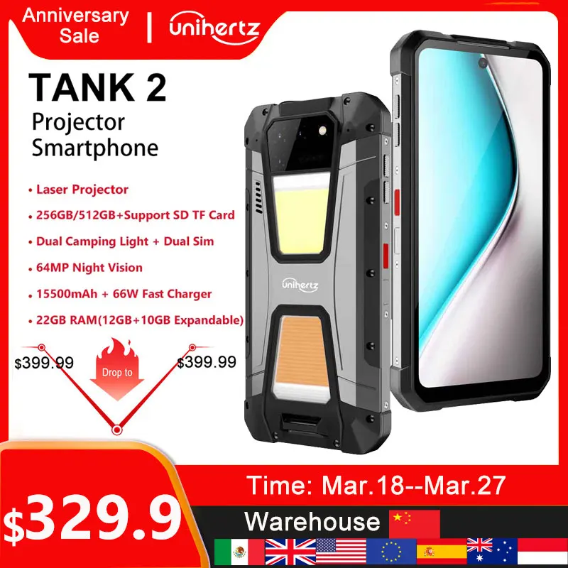 Unihertz 8849 tank 2 waterproof projector smartphone up to 256/512GB Rugged Cellphone 64MP Super night vision 15500mAh phone