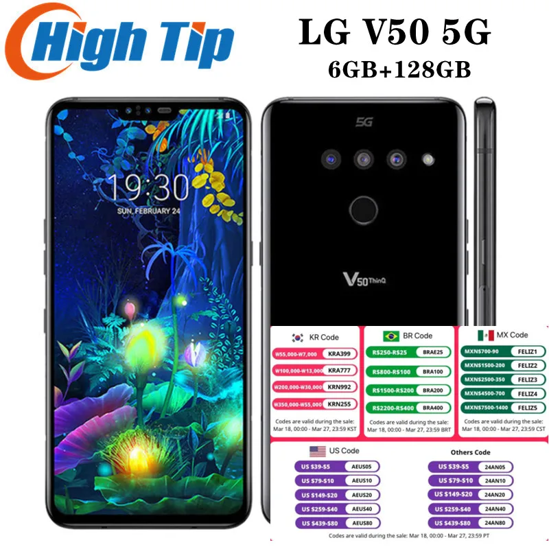 Unlocked Original LG V50 V500N V450PM ThinQ 5G LTE NFC Cell Phone 6.4′  6GB+128GB Dual Front Triple 3 Rear Camera Mobile Phone