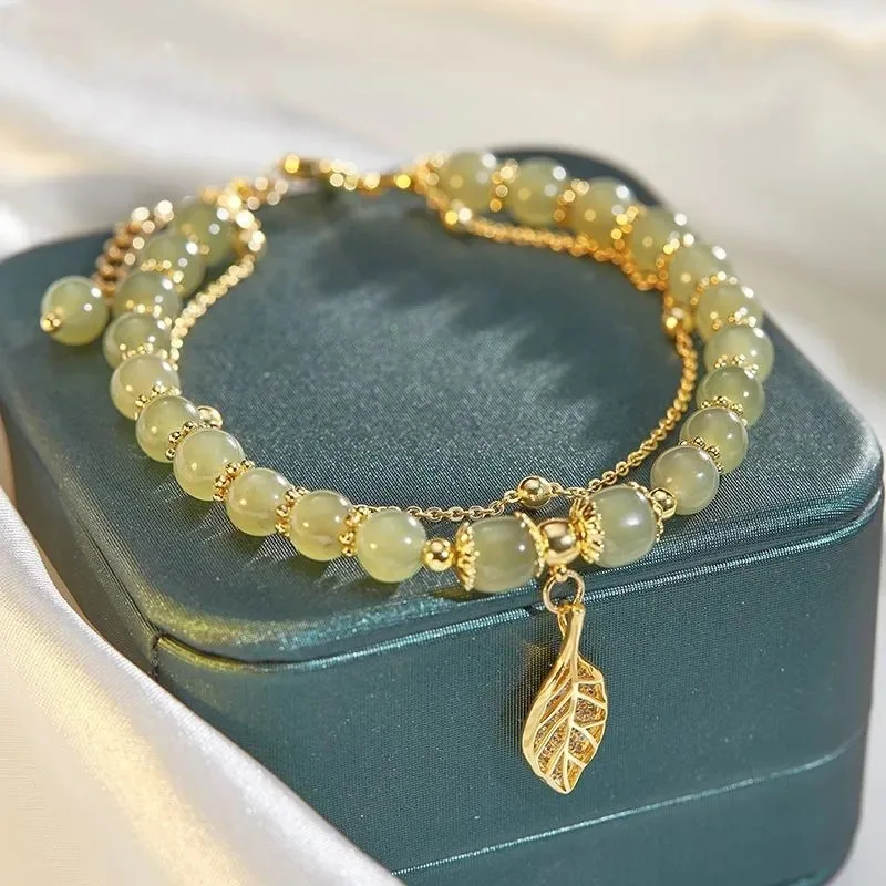 VENTFILLE Gold Color For Women’s Hetian Jade Bracelet Leaves Double Layer Jewelry Girls Gifts Dropshipping