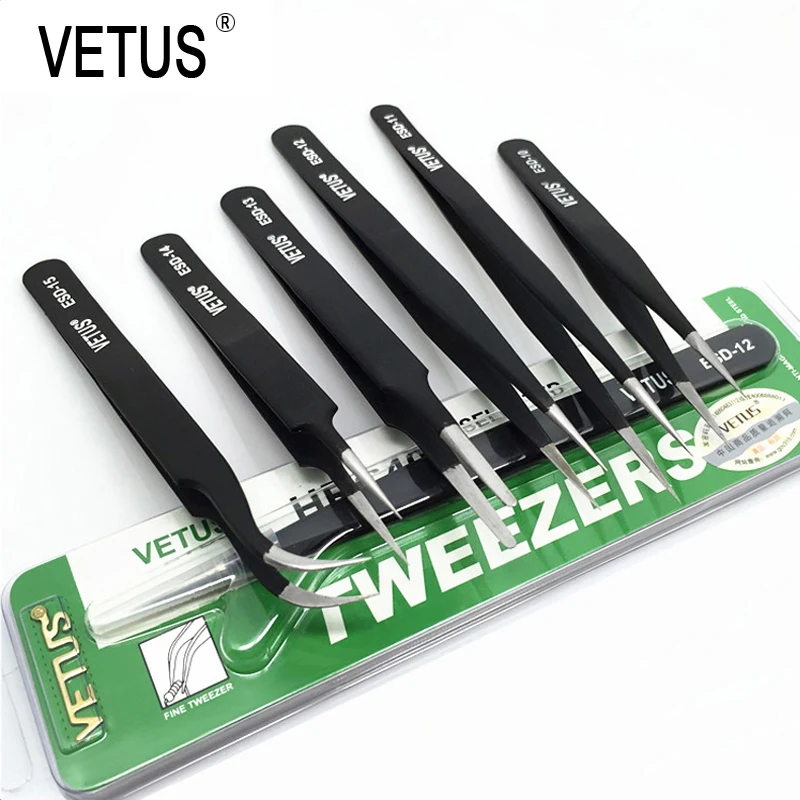 VETUS 1pcs ESD 10 11 12 13 14 15 Anti-static Stainless Steel Tweezers Set For Electronic Cell Phone Repair Tools