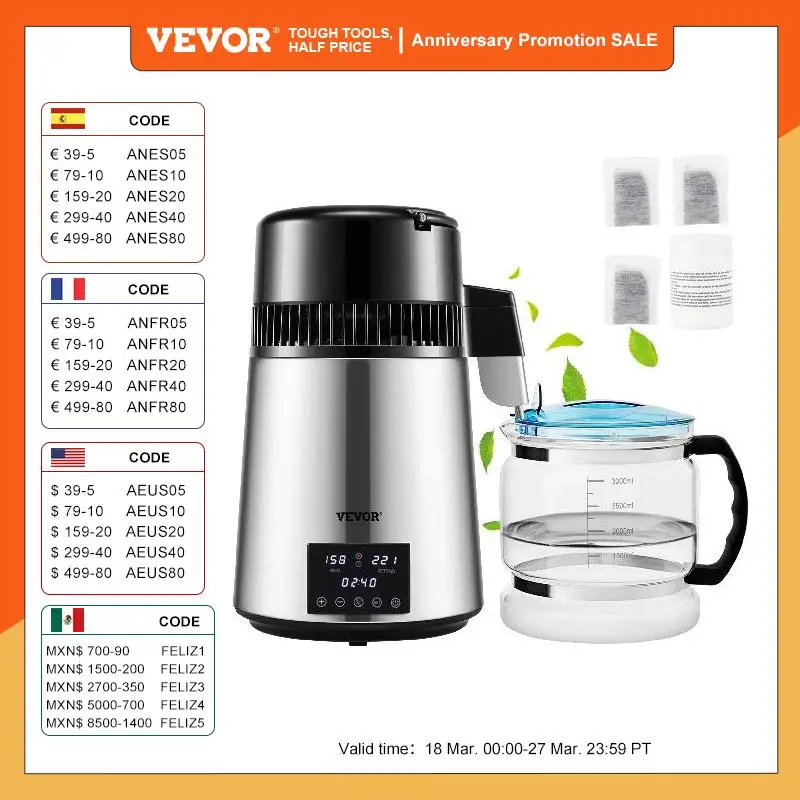 VEVOR 1.5L/H Distilling Speed 4L Water Distiller Treatmen Purifier Filter Touch Screen Time Setting 304 Stainless Home Appliance