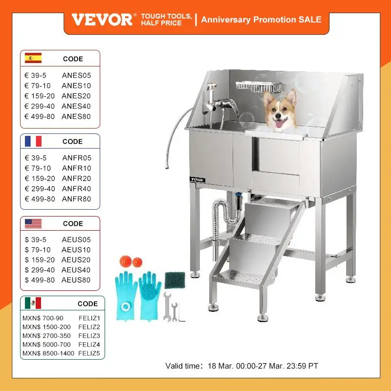 VEVOR 34 Inch Dog Grooming Tub Stainless Steel Pet Grooming Tub With Faucet And Accessories For Dog Washing Station Pet Bath Tub