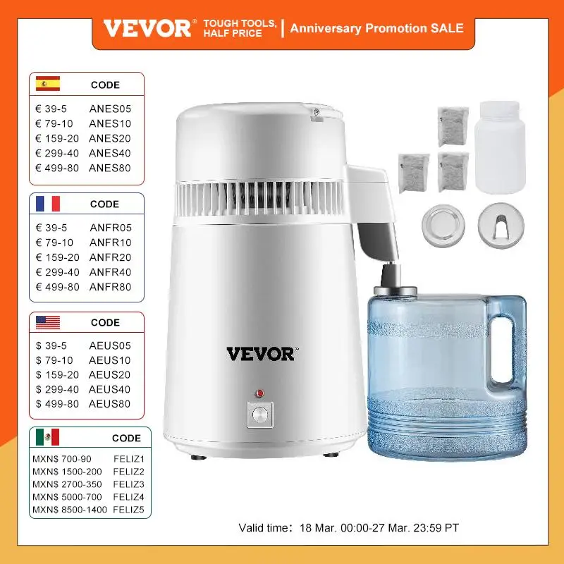 VEVOR 4L Water Distiller Purifier Filter Dispenser Heating Drinking Bottle Softener 304 Stainless Home Appliance for Office Use