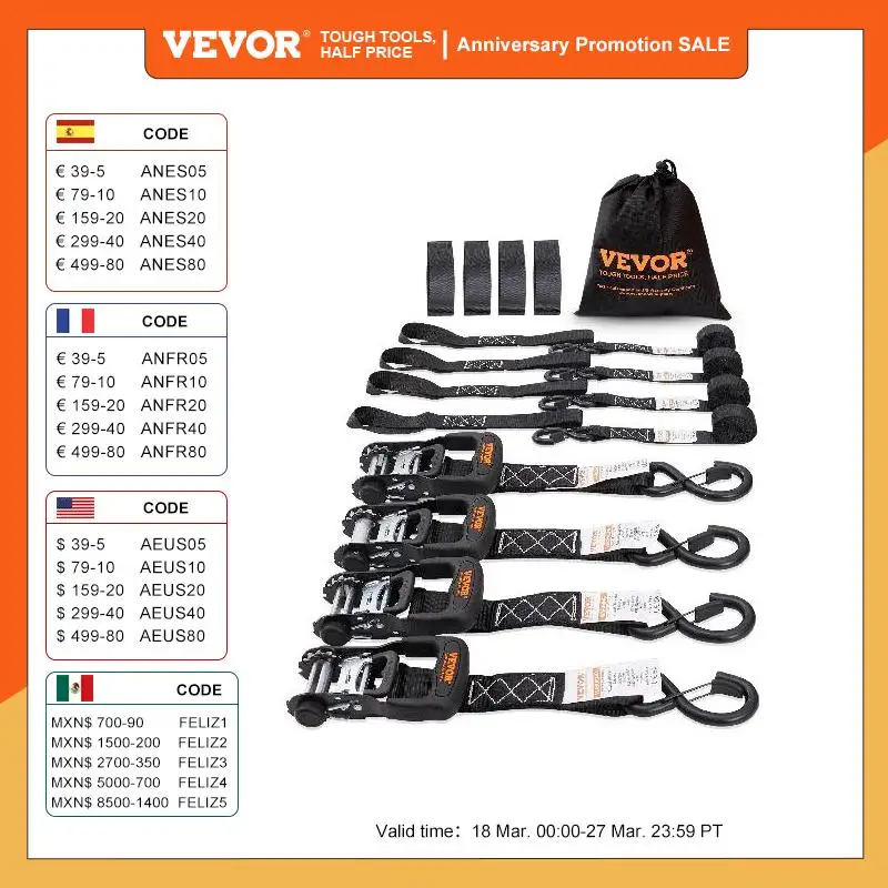 VEVOR 4pcs Trailer Ratchet Tie Down Straps with Padded Handles Hook Brake Binding Belt for Moving Securing Cargo Motorcycle