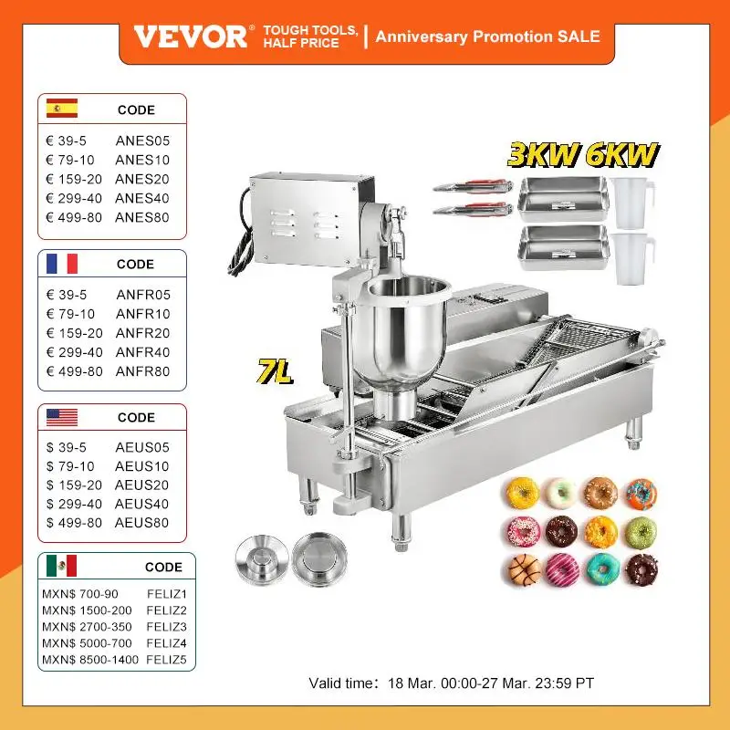 VEVOR Commercial Automatic Donut Making Machine 7L Hopper Stainless Steel Doughnut Maker 3 Sizes Molds Fryer Kitchen Appliances