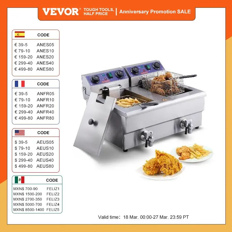 VEVOR  Electric Deep Fryer w/Dual Removable Tanks 12L 5000W Commercial Countertop  Fryer for Chicken French Fries Frying Chips