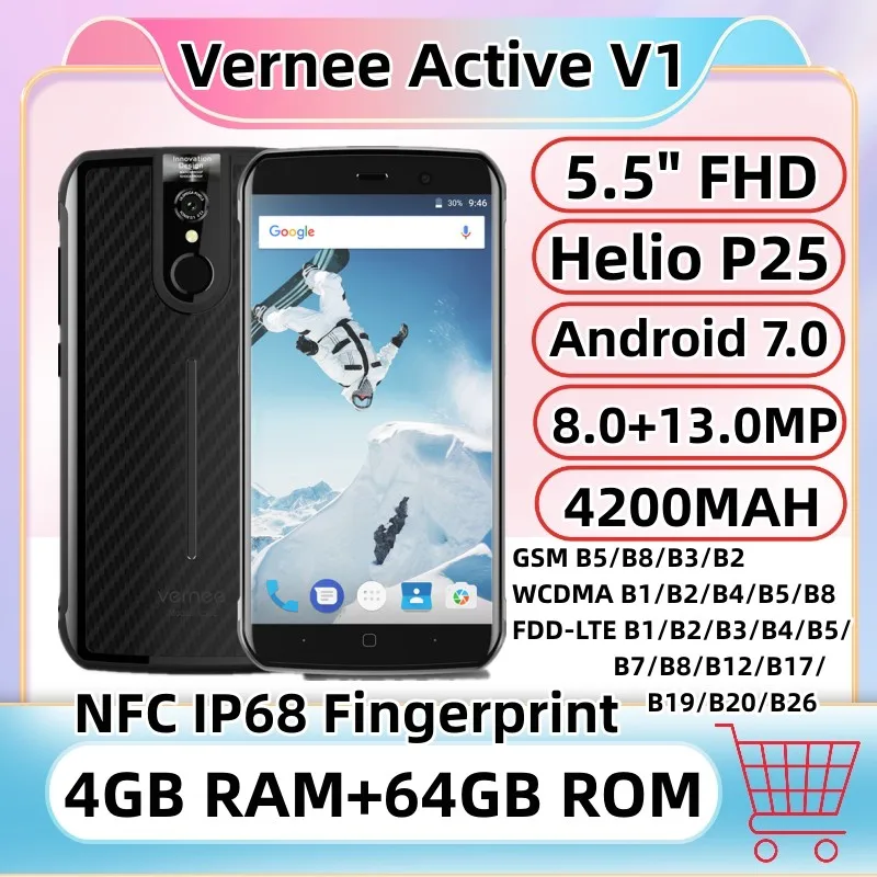 Vernee Active V1 NFC IP68 GoodPhone 5.5 Inch Android 7.0 MTK6757 Octa Core 4GB RAM 64GB ROM 13.0MP Waterproof 4G Mobile Phone