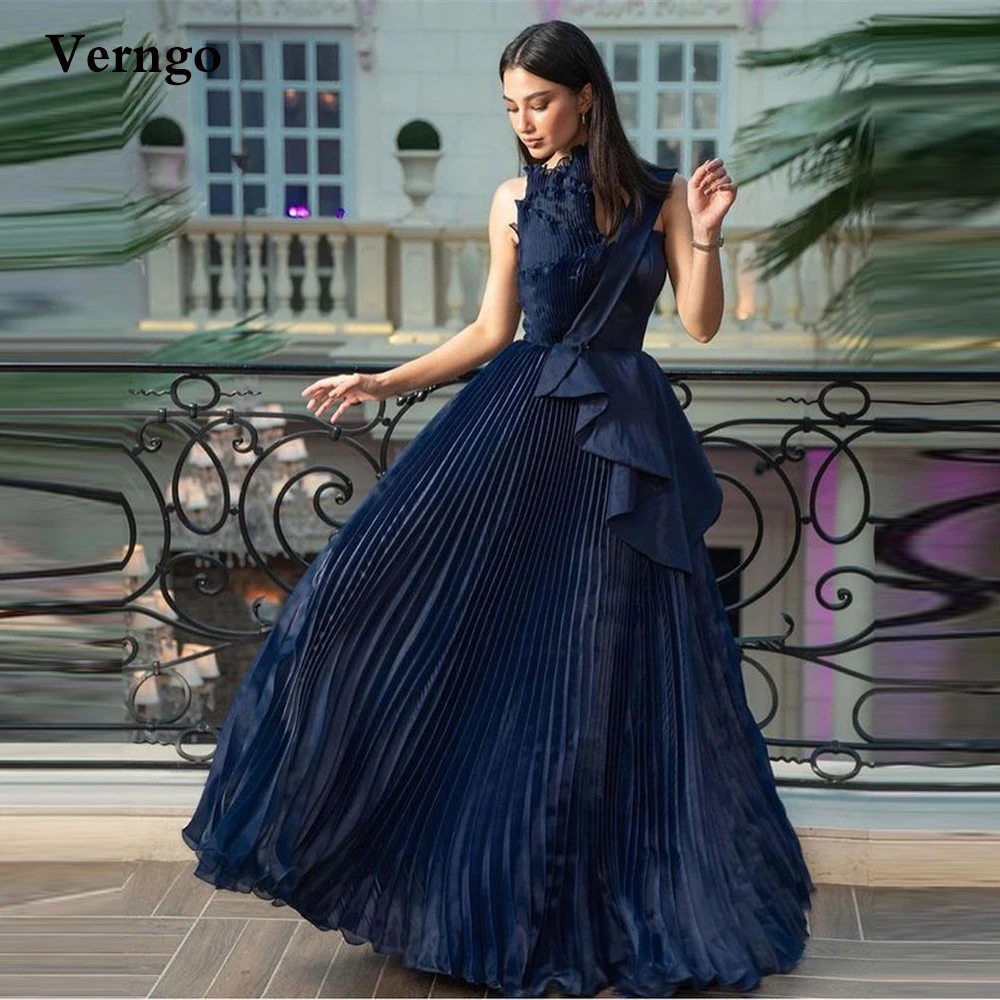 Verngo A Line Modern Navy Blue Formal Evening Dresses Women Special Occasion Dress Pleated Silk Chiffon Floor Length Prom Gowns