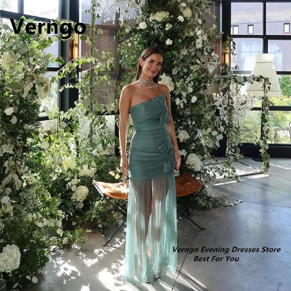 Verngo Green Strapless Sleeveless Long Party Dress Tulle Dress For Special Event Sexy Bow Pleat Evening Gown