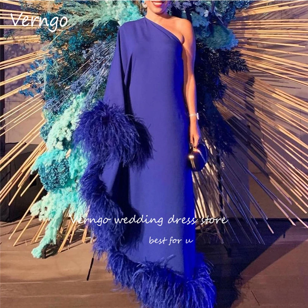 Verngo Luxury Feathers Blue Dubai Arabic Evening Dresses Long Sleeve One Shoulder Straight Prom Gowns Formal Occasion Dress