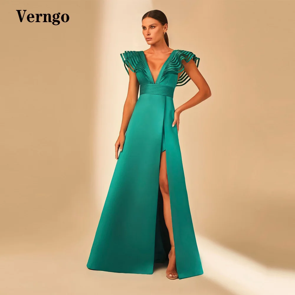 Verngo Modern Green A Line Satin Evening Dresses Cap  Sleeves V Neck Side Slit Long Prom Gowns Women 2023 Special Occasion Dress