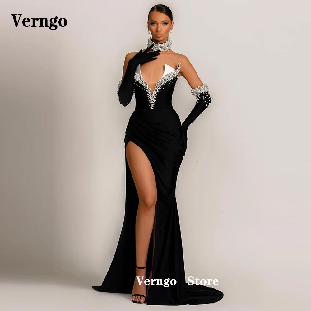 Verngo Sexy Black Mermaid Long Gloves Evening Dresses Sweethear Plearls Split Formal Prom Gowns Party Celebrity Occasion Dress