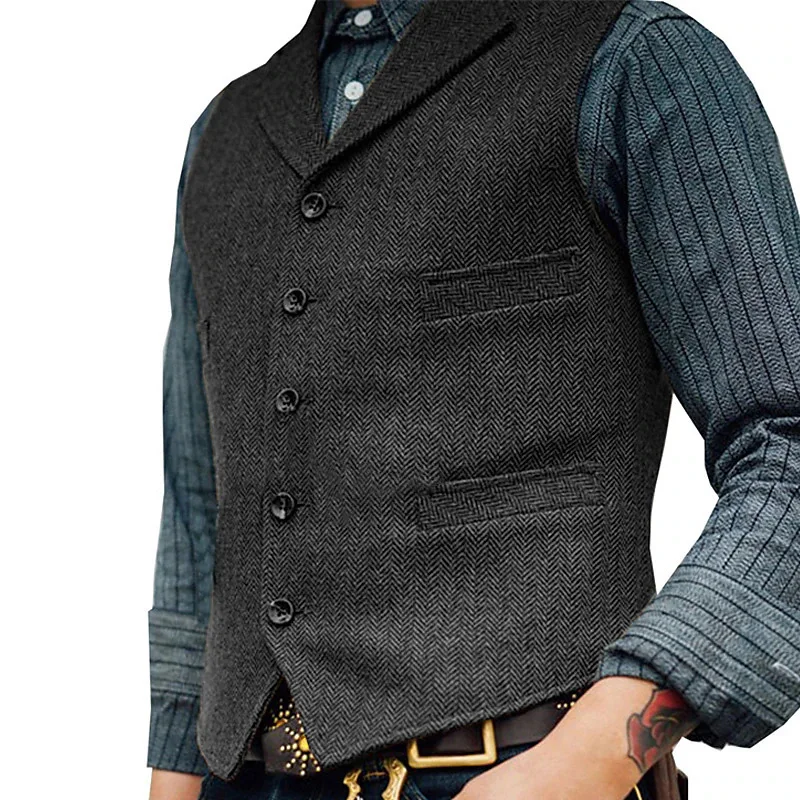 Vest for Men Brown Wedding Wool Tweed Business Waistcoat Jacket Casual Slim Fit Gilet Homme Groosmen Wedding