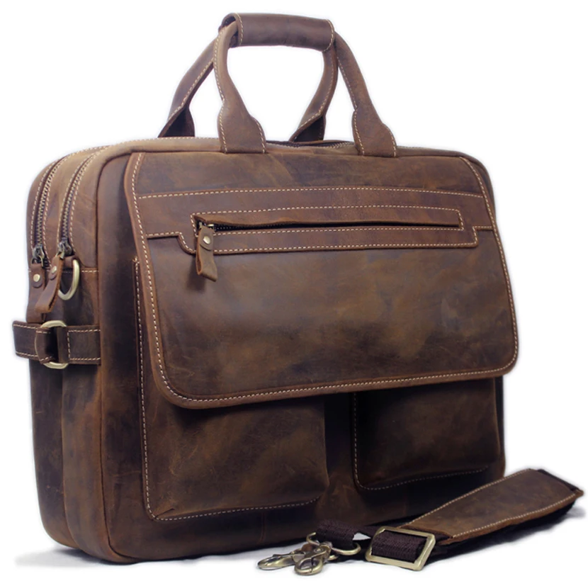 Vintage Men Leather Briefcase Tote Business bag Crazy Horse Genuine Leather portfolio men briefcase male 15