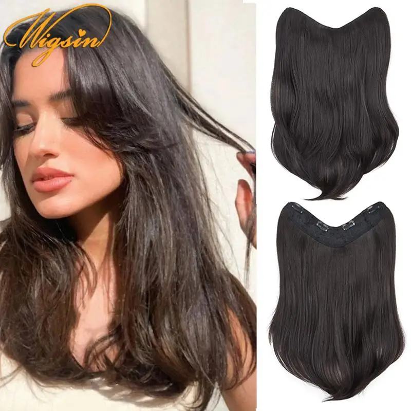 WIGSIN 16Inch Synthetic Long Straight Slightly Warped Inner Buckle Hair Extension Invisible V-Shaped Half Head Wig for Women