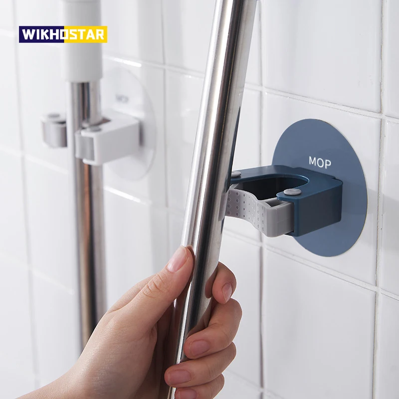 WIKHOSTAR Wall Mounted Mop Holder Brush Broom Hanger Home Mop Organizer Kitchen Bathroom Storage Rack Suction Hanging Pipe Hooks