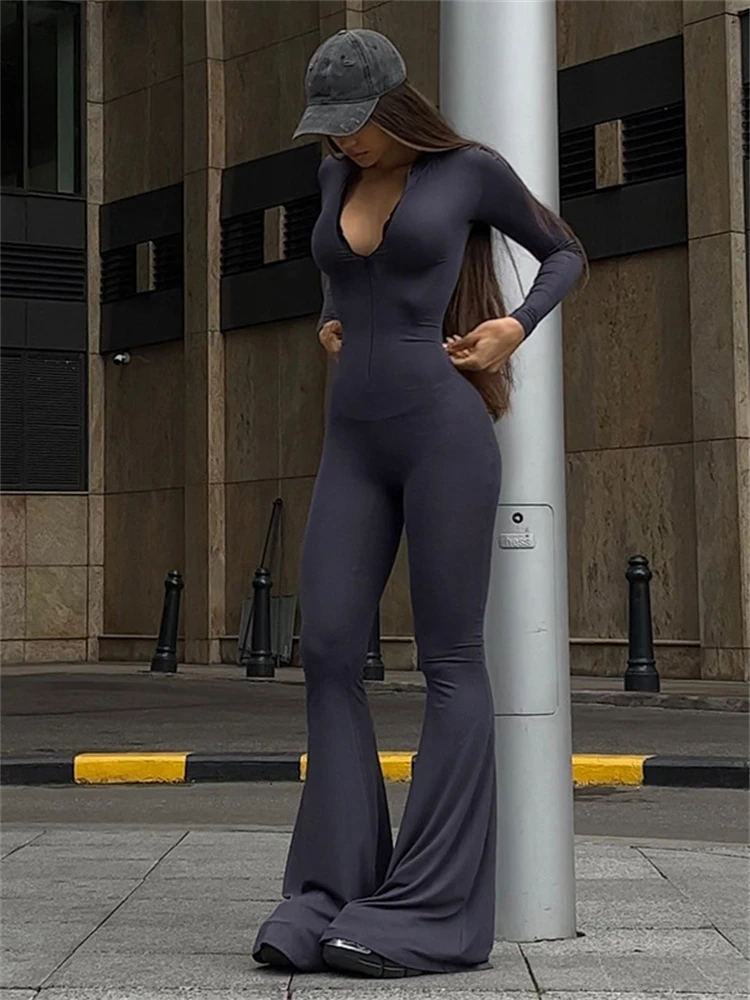 WLWXR Spring Black Long Sleeve Bodycon Jumpsuit Streetwear For Women 2024 Long Slevee Flared Jumpsuits Causal Zipper Activewear