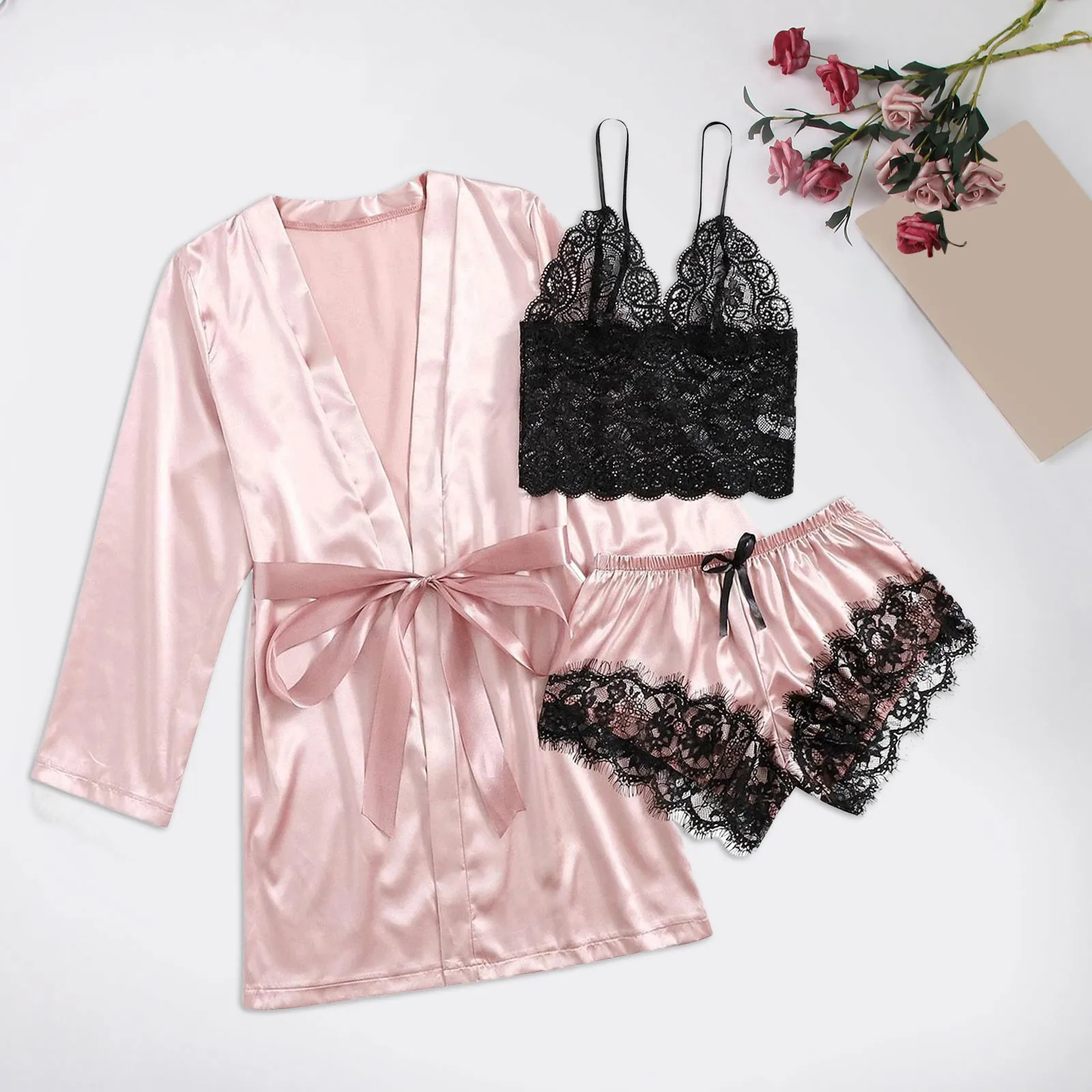 Warm Pajamas Women Women’ Silk Satin Pajamas Set 3pcs Lingerie Floral Lace Sleepwear With Robe Toddler Size 11 Slippers