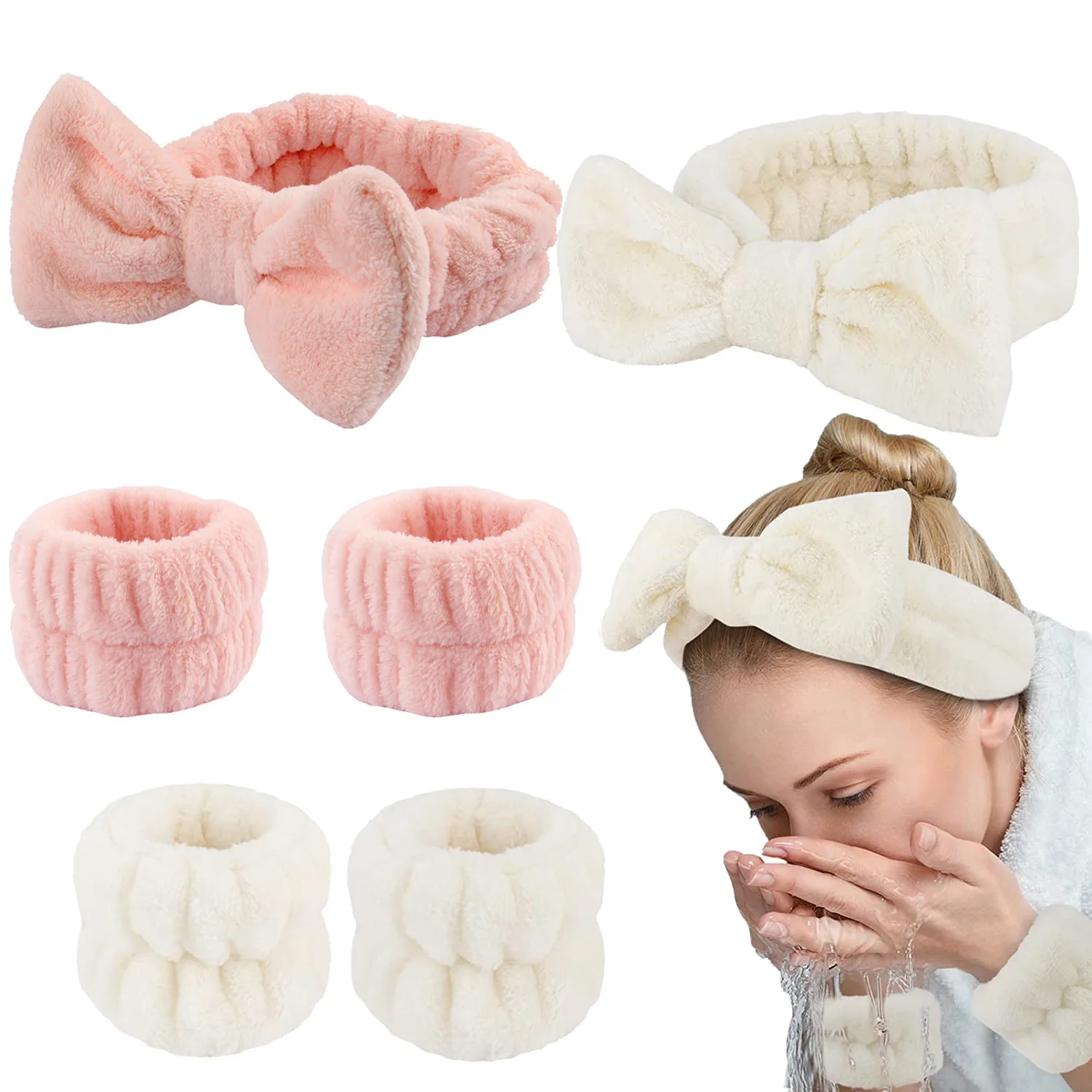 Wash Face Headbands For Women Coral Fleece Cuff Waterproof  Absorbent Wristbands Head Band Hair Accessories Set